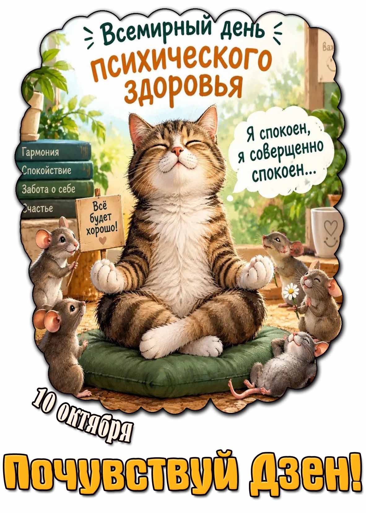 Смешная открытка 10 октября - Всемирный день психического здоровья! Я спокоен, я совершенно спокоен... Всё будет хорошо! Почувствуй дзен!