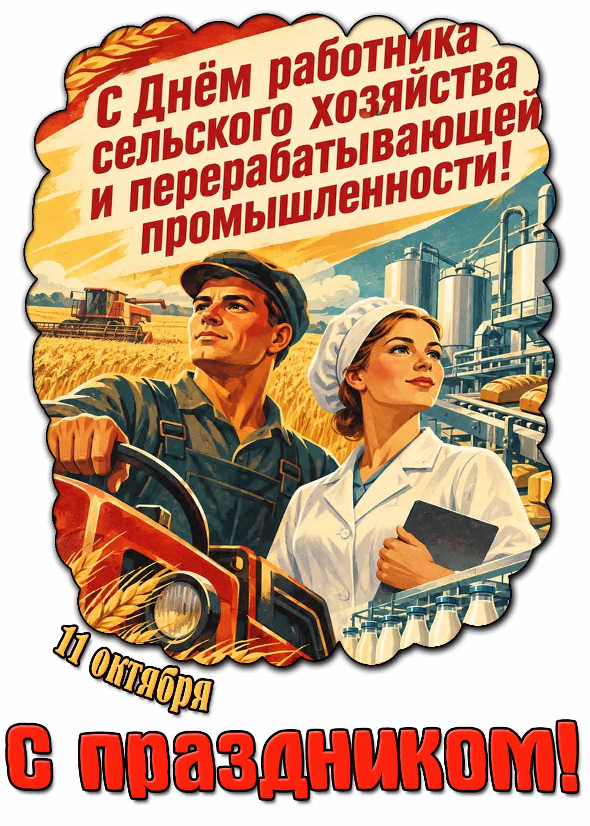 Советская картинка 11 октября - с днём работника сельского хозяйства и перерабатывающей промышленности! С праздником!