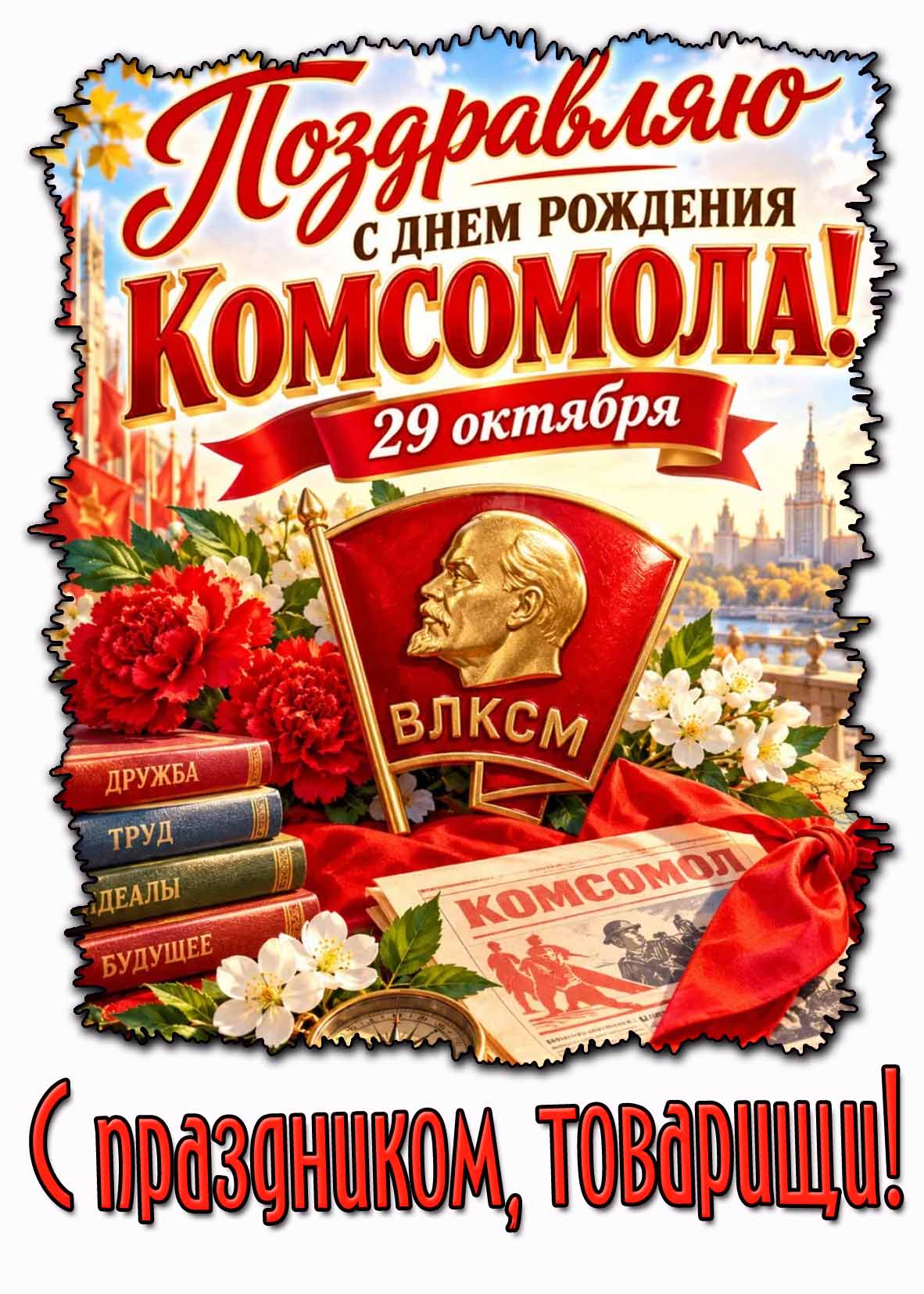 Советская открытка 29 октября - Поздравляю с днём рождения Комсомола! С праздником, товарищи!
