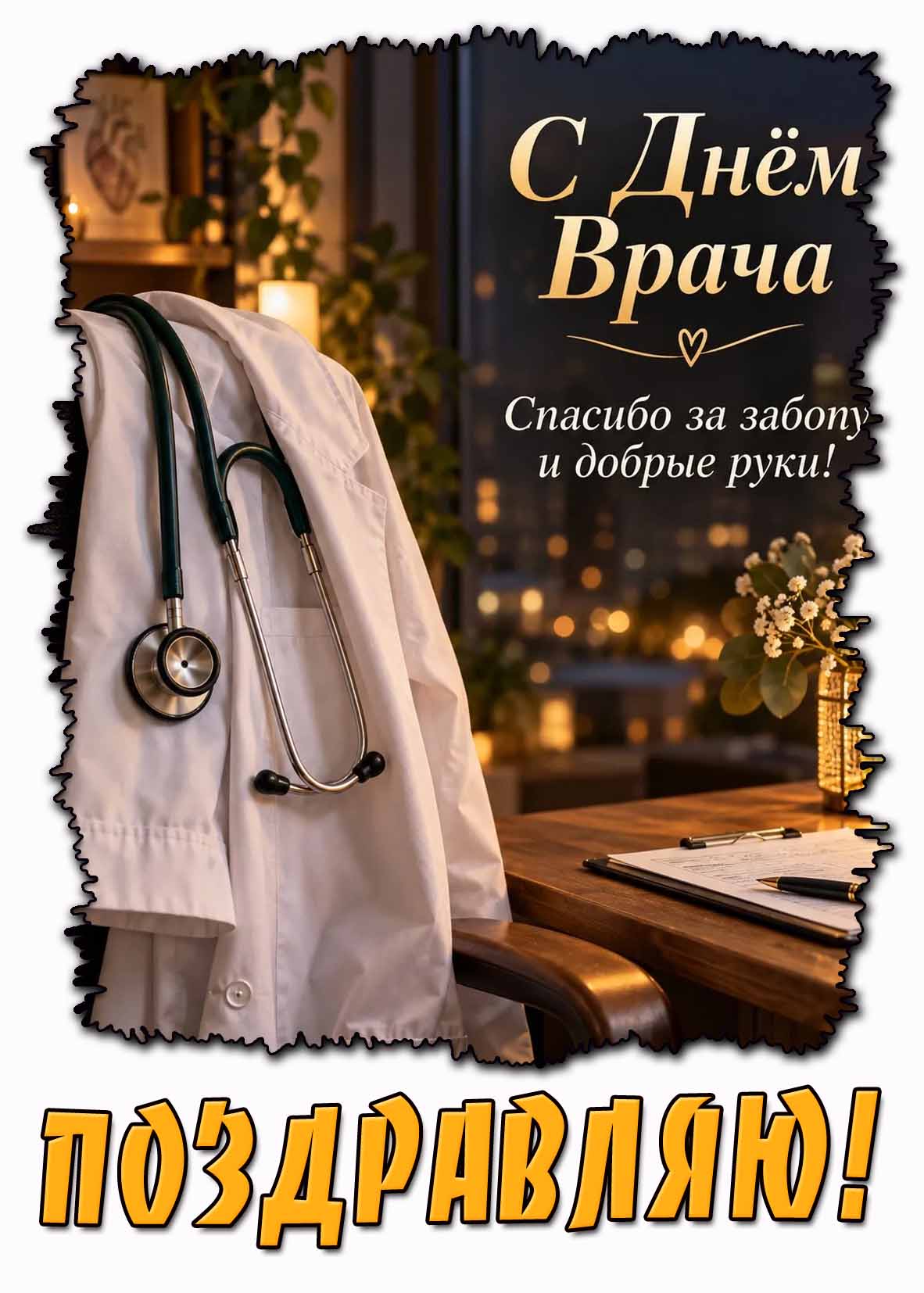 Стильная картинка "С днём врача! Спасибо за заботу и добрые руки! Поздравляю!"