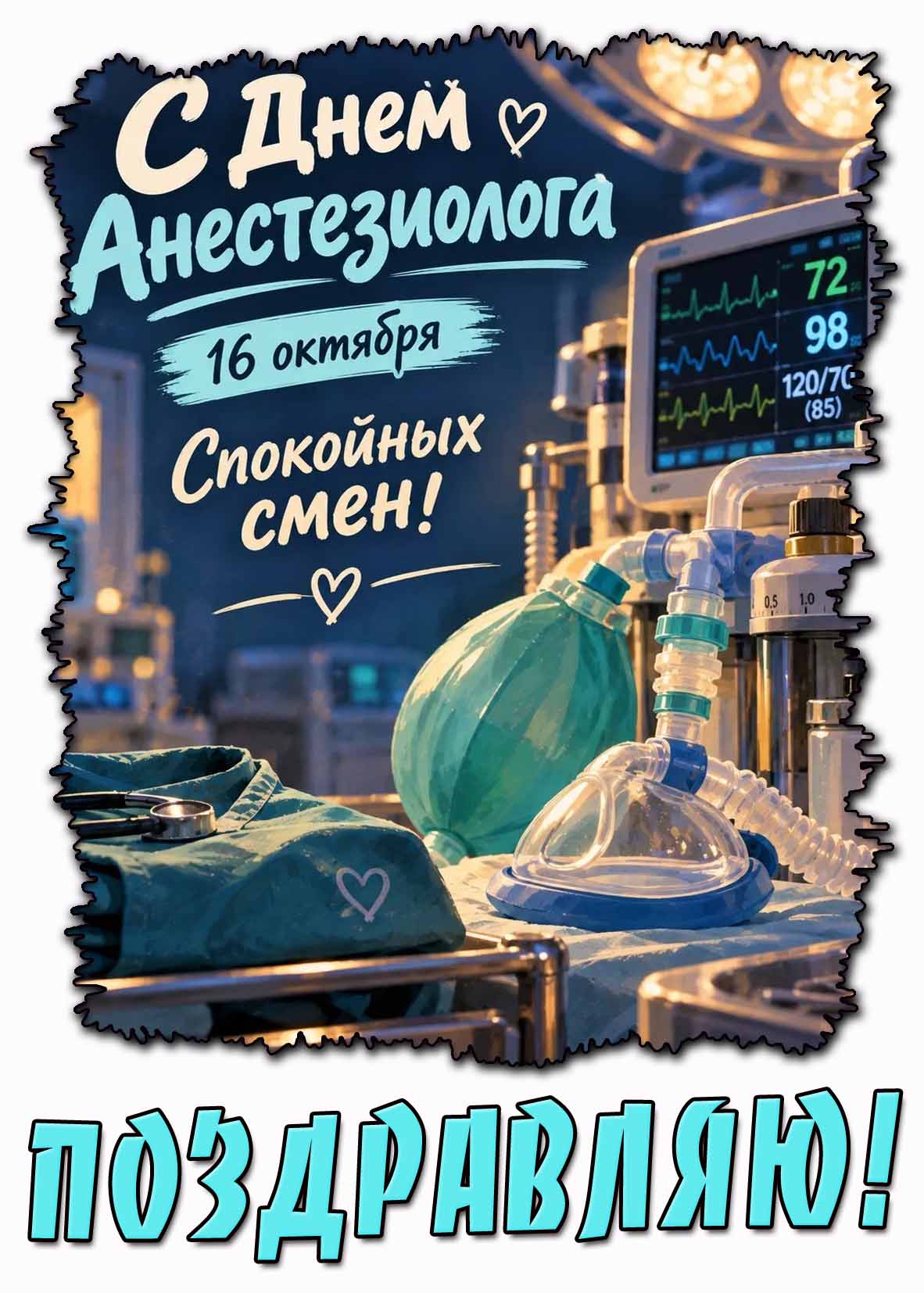 Стильная открытка 16 октября - с днём анестезиолога! Спокойных смен! Поздравляю!
