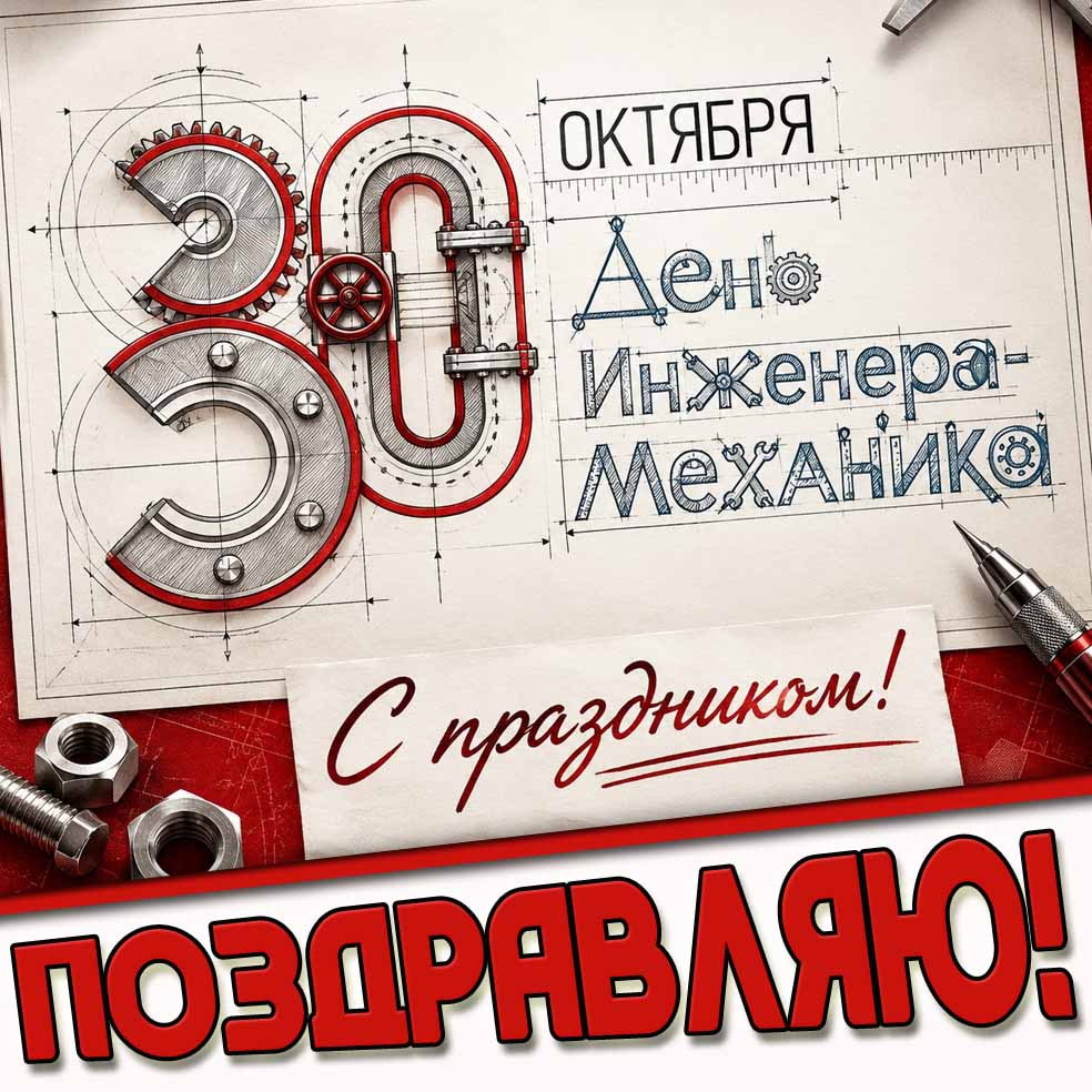 Стильная открытка 30 октября - день инженера-механика! С праздником! Поздравляю!