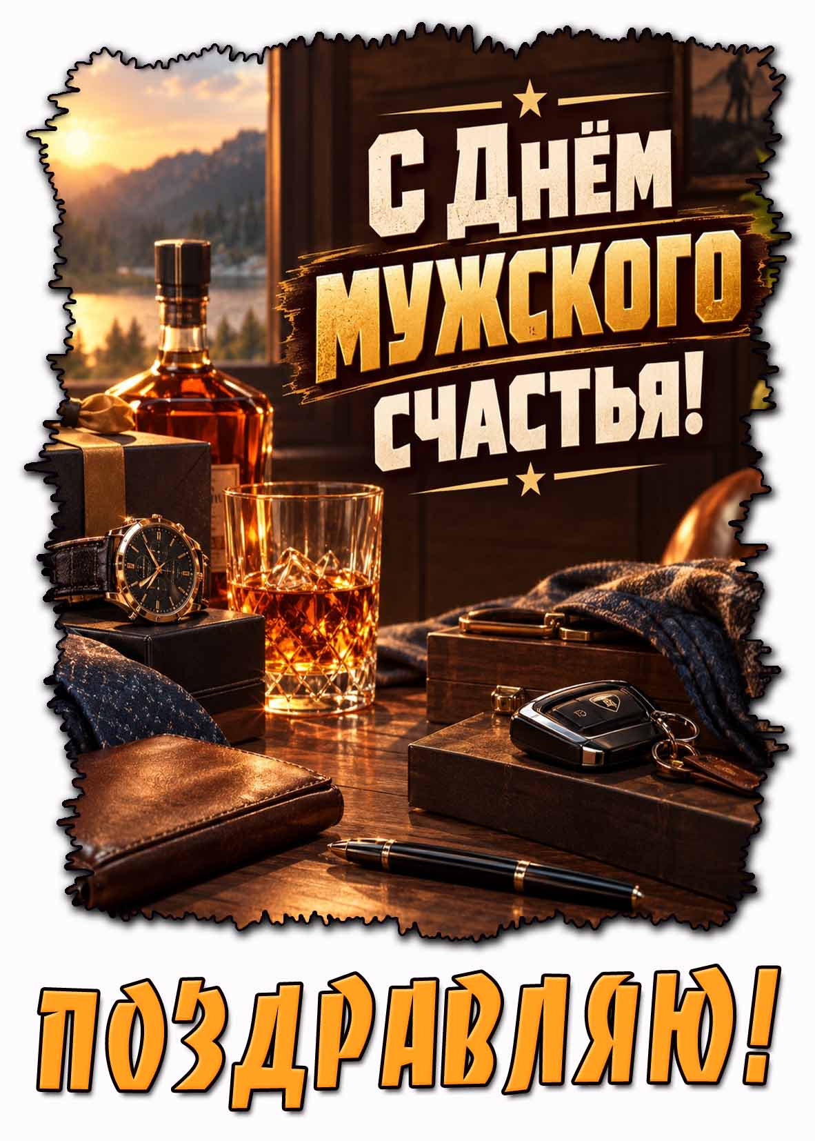 Стильная открытка с брелоком от машины, ручкой, портмоне, бутылкой дорогого коньяка и надписью : С днём мужского счастья! Поздравляю! Стильная открытка "С днём мужского счастья! Поздравляю!"