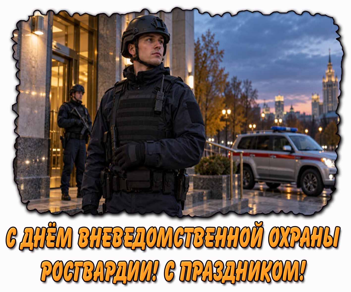 Стильная горизонтальная открытка с бойцами службы охраны на фоне машины и с надписью : С днём вневедомственной охраны Росгвардии! С праздником! Стильная открытка "С днём вневедомственной охраны Росгвардии! С праздником!"
