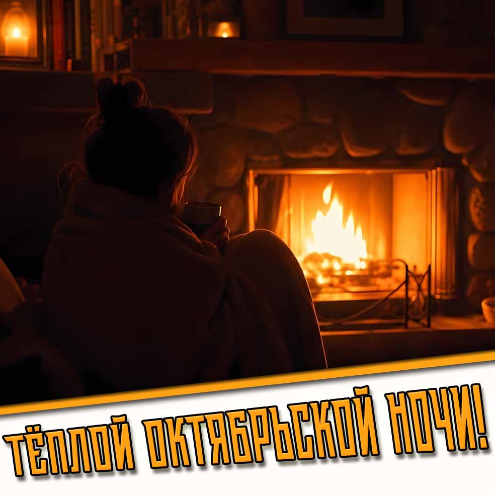 Тёплой октябрьской ночи! - открытка с девушкой у камина