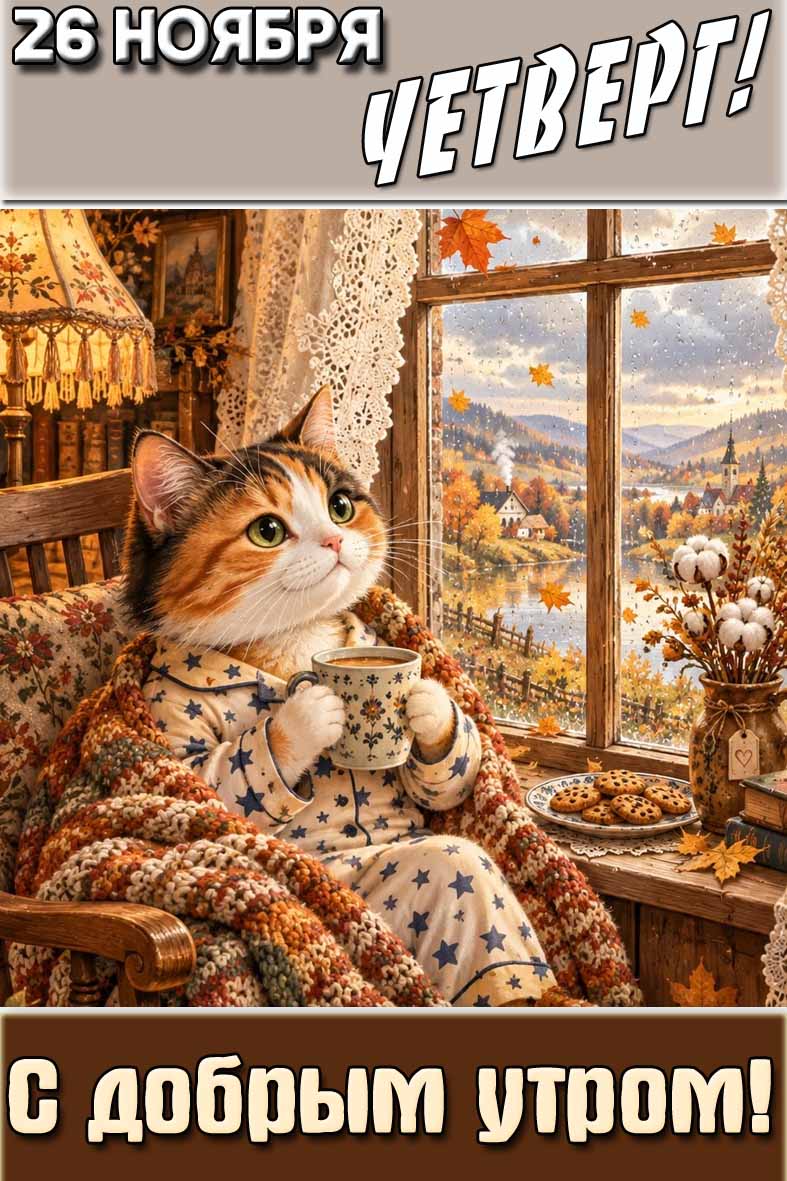 Красивая картинка с котиком с чашкой кофе, печеньками на фоне дождливой и пасмурной погоды за окном и надписью : "26 ноября четверг! С добрым утром!". Красивая картинка "26 ноября четверг! С добрым утром!"