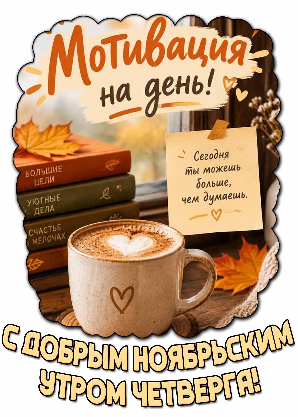Стильная открытка с чашкой кофе, кленовыми листьями на книгах и надписью : С добрым ноябрьским утром четверга! Мотивация на день! Сегодня ты можешь больше, чем думаешь! Открытка "С добрым ноябрьским утром четверга! Мотивация на день! Сегодня ты можешь больше, чем думаешь!"