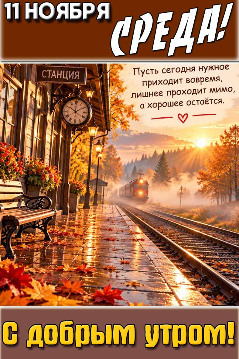 Вертикальная солнечная картинка с изображением поезда, прибывающего на дождливый осенний перрон и надписью : "11 ноября среда! С добрым утром! Пусть сегодня нужное приходит вовремя, лишнее проходит мимо, а хорошее остаётся!". Картинка "11 ноября среда! С добрым утром! Пусть сегодня нужное приходит вовремя, лишнее проходит мимо, а хорошее остаётся!"