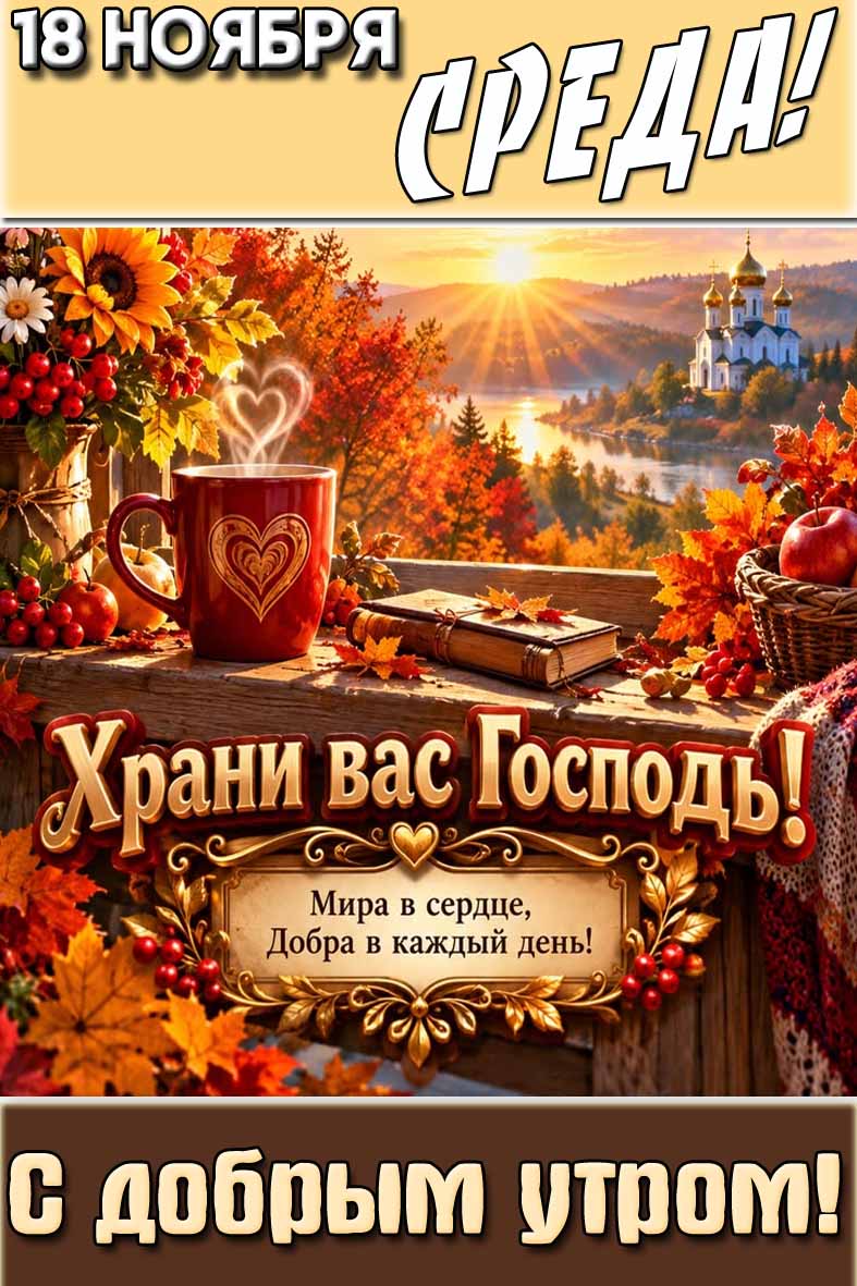 Красивая, солнечная картинка с фруктами, цветами, чашкой кофе на фоне православного храма и надписью : "18 ноября среда! С добрым утром! Храни вас Господь! Мира в сердце, добра в каждый день!". Картинка "18 ноября среда! С добрым утром! Храни вас Господь! Мира в сердце, добра в каждый день!"
