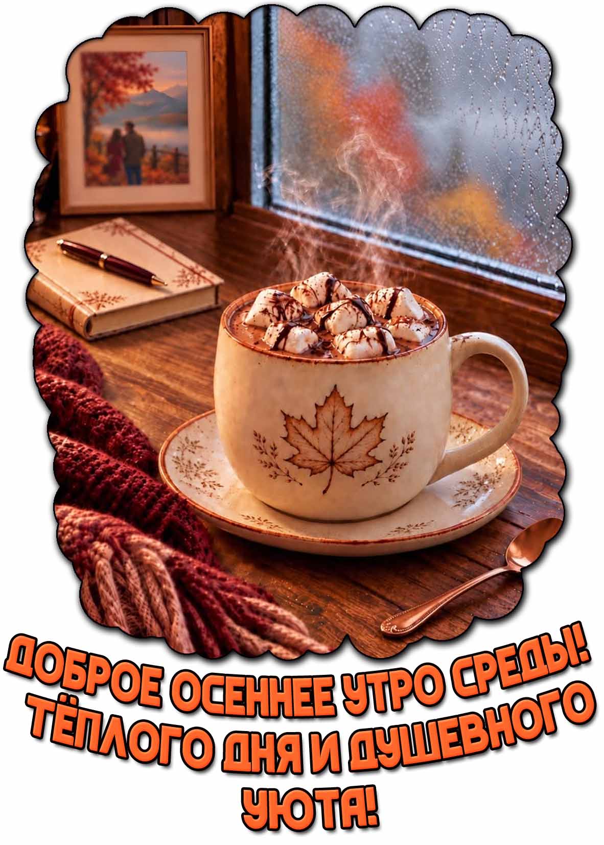 Красивая открытка с чашкой горячего какое с маршмеллоу на подоконнике у окна в каплях дождя и с надписью : Доброе осеннее утро среды! Тёплого дня и душевного уюта! Открытка "Доброе осеннее утро среды! Тёплого дня и душевного уюта!"