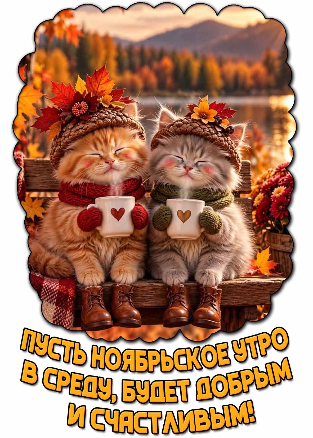 Красивая открытка с прикольными котятами на лавочке с кофе на фоне осеннего леса у озера и надписью : Пусть ноябрьское утро в среду, будет добрым и счастливым! Красивая открытка с прикольными котятами на лавочке с кофе на фоне осеннего леса у озера и надписью : Пусть ноябрьское утро в среду, будет добрым и счастливым!