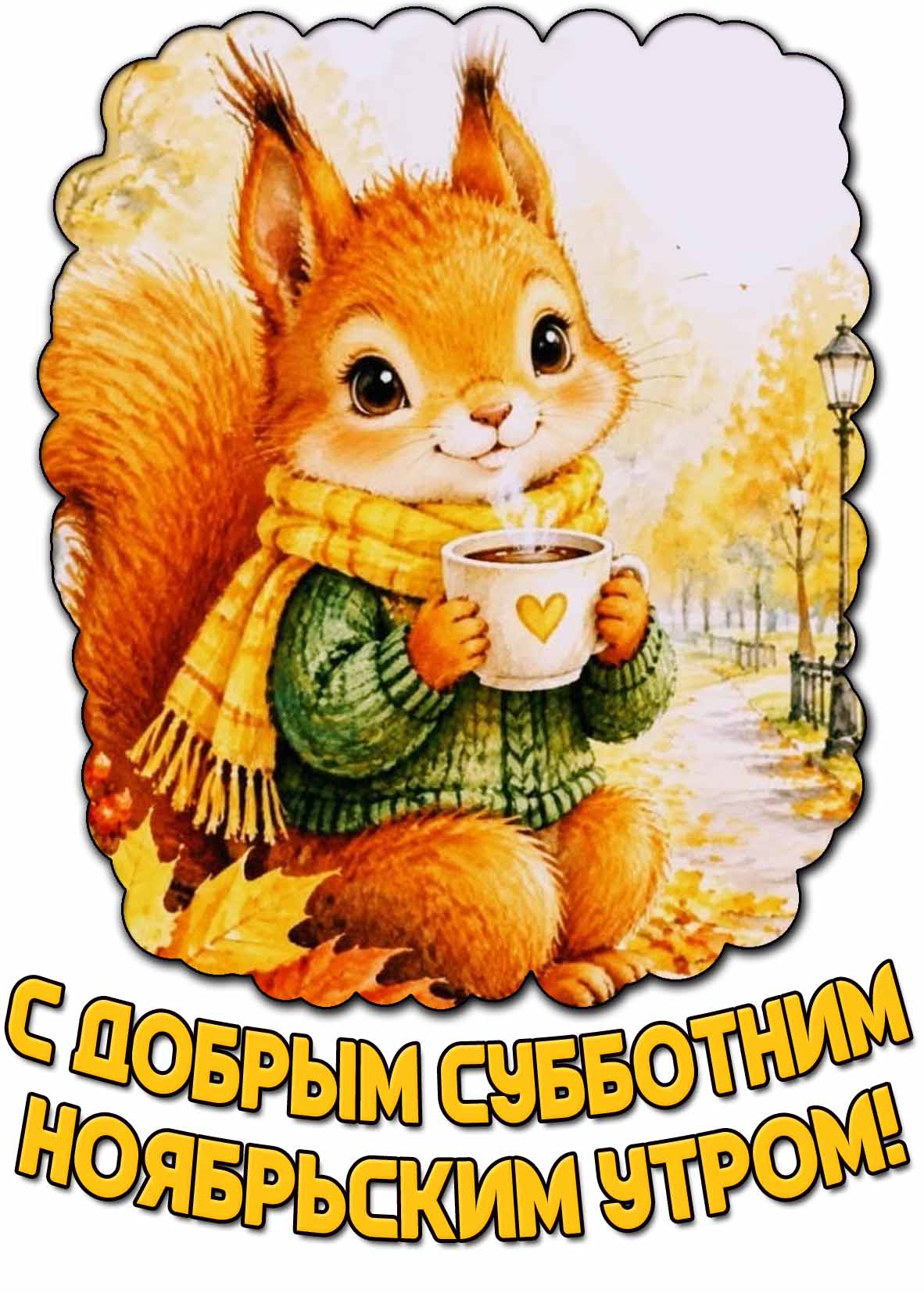 Красивая открытка с милой белочкой со стаканом кофе на фоне парка и надписью : С добрым субботним ноябрьским утром!