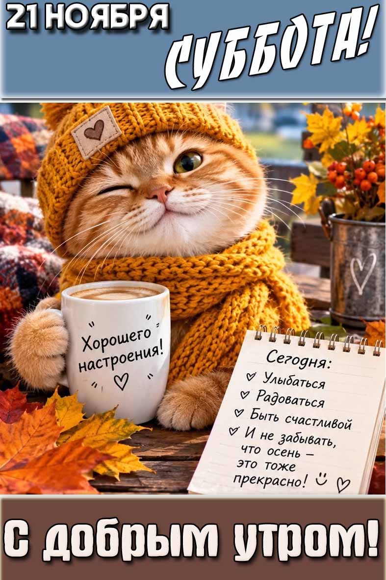 Картинка с прикольным, подмигивающим котиком в шапке, шарфе с чашкой кофе и надписью : "21 ноября суббота! С добрым утром! Хорошего настроения!". Сегодня : Улыбаться! Радоваться! Быть счастливой! И не забывать, что осень - это тоже прекрасно! Прикольная картинка "21 ноября суббота! С добрым утром! Хорошего настроения!"
