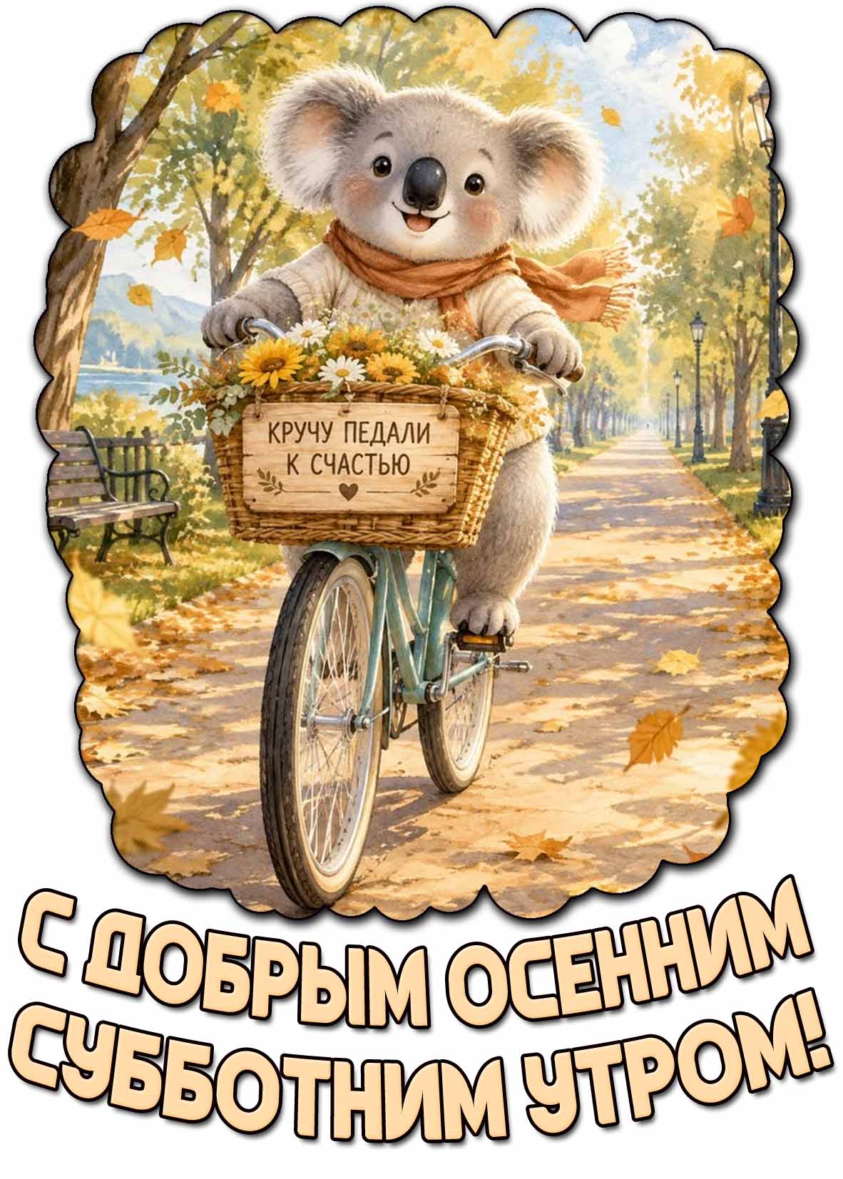 Красивая открытка с коалой на велосипеде на фоне парка и надписью : С добрым осенним субботним утром! Кручу педали к счастью! Открытка "С добрым осенним субботним утром! Кручу педали к счастью!"