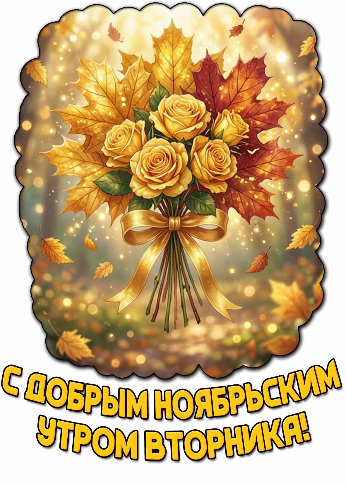 Красивая, солнечная открытка с букетом из роз с осенними (кленовыми, жёлтыми) листьями и надписью : С добрым ноябрьским утром вторника! С добрым ноябрьским утром вторника! - открытка с букетом