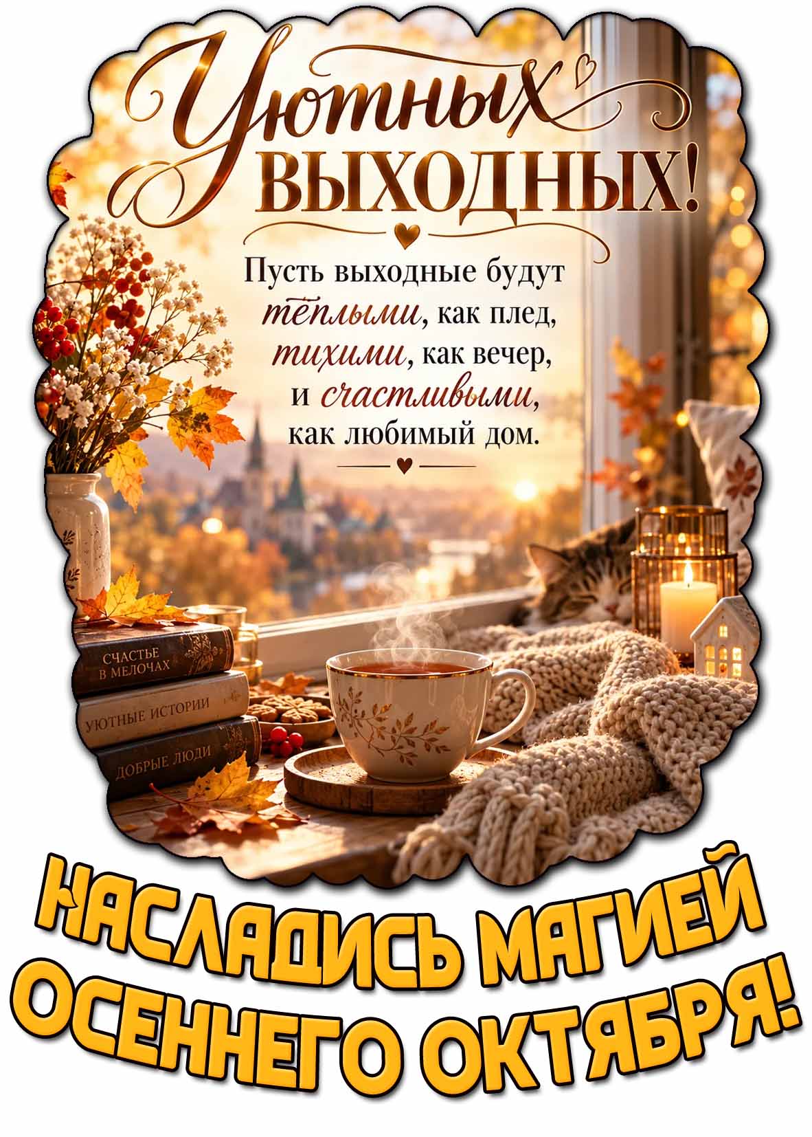 Уютных выходных! Насладись магией осеннего октября! - осенняя открытка с пожеланиями