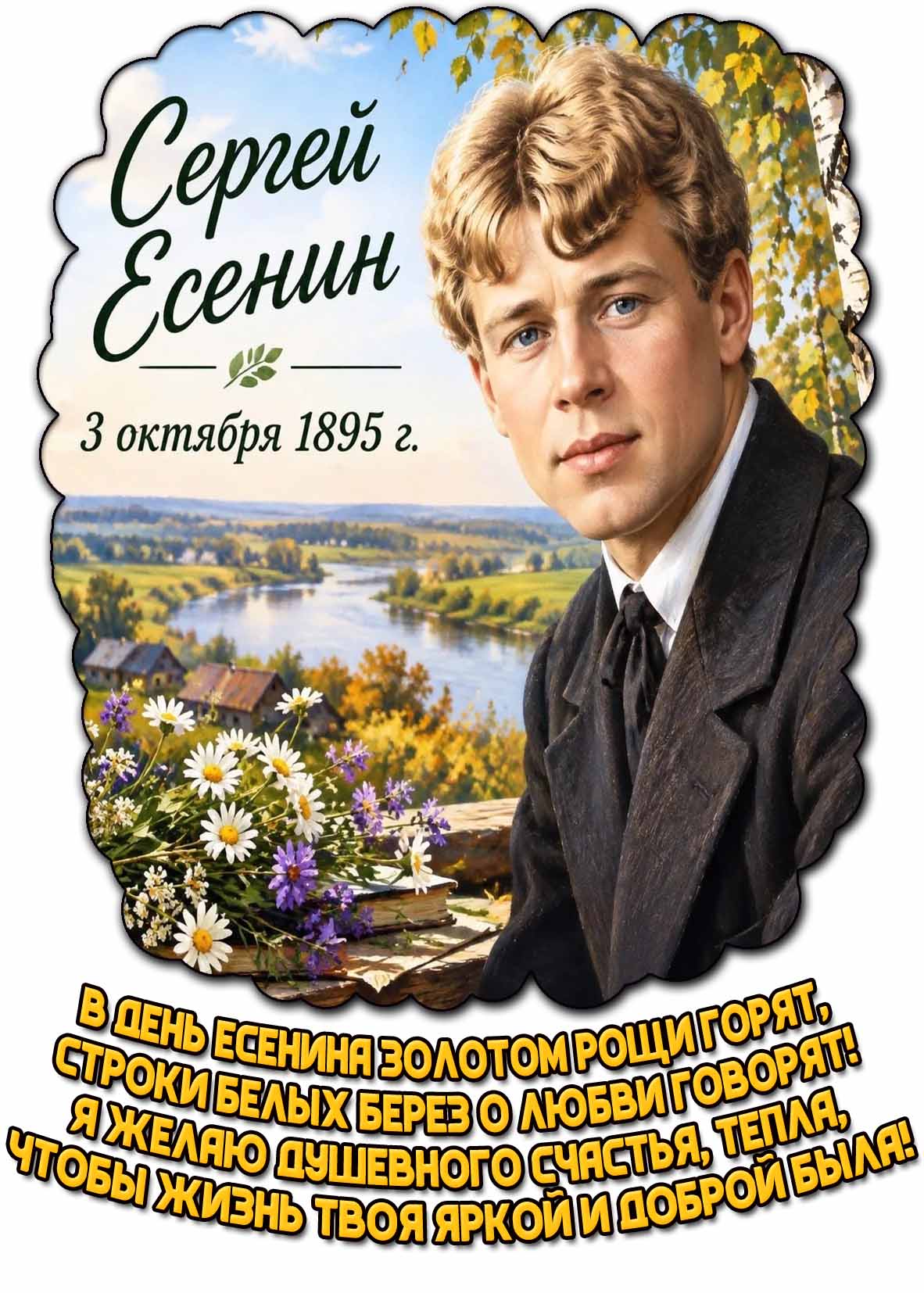 Картинка 3 октября - В день Есенина золотом рощи горят, строки белых берез о любви говорят! Я желаю душевного счастья, тепла, чтобы жизнь твоя яркой и доброй была!