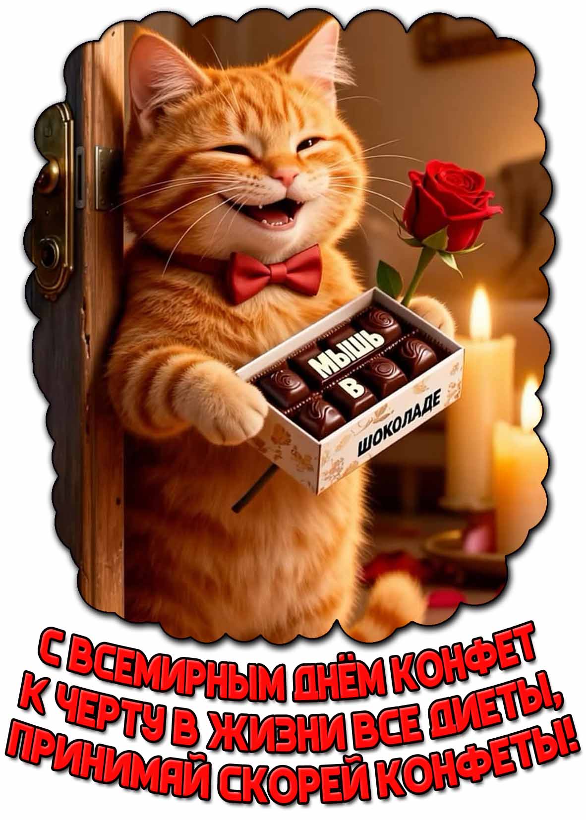 Прикольная открытка "С Всемирным днём конфет! К чёрту в жизни все диеты, принимай скорей конфеты!"