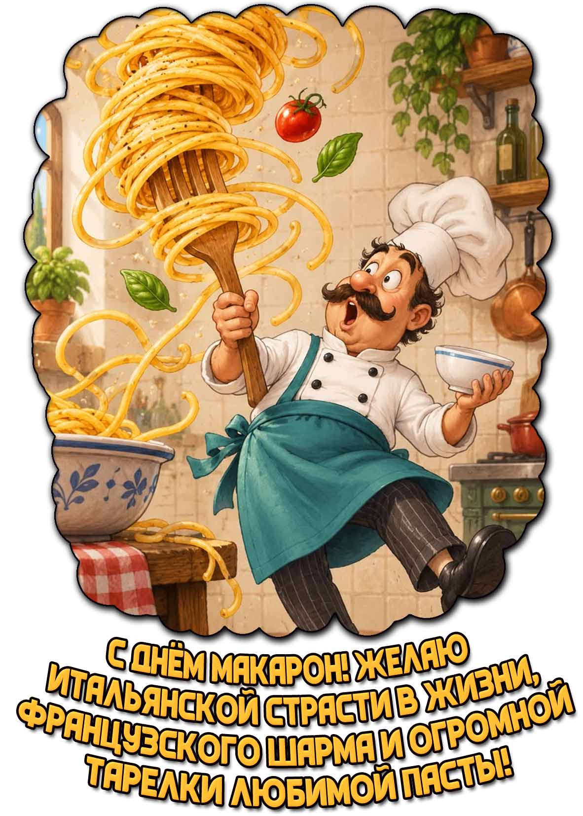 Смешная открытка "С днём макарон! Желаю итальянской страсти в жизни, французского шарма и огромной тарелки любимой пасты!"