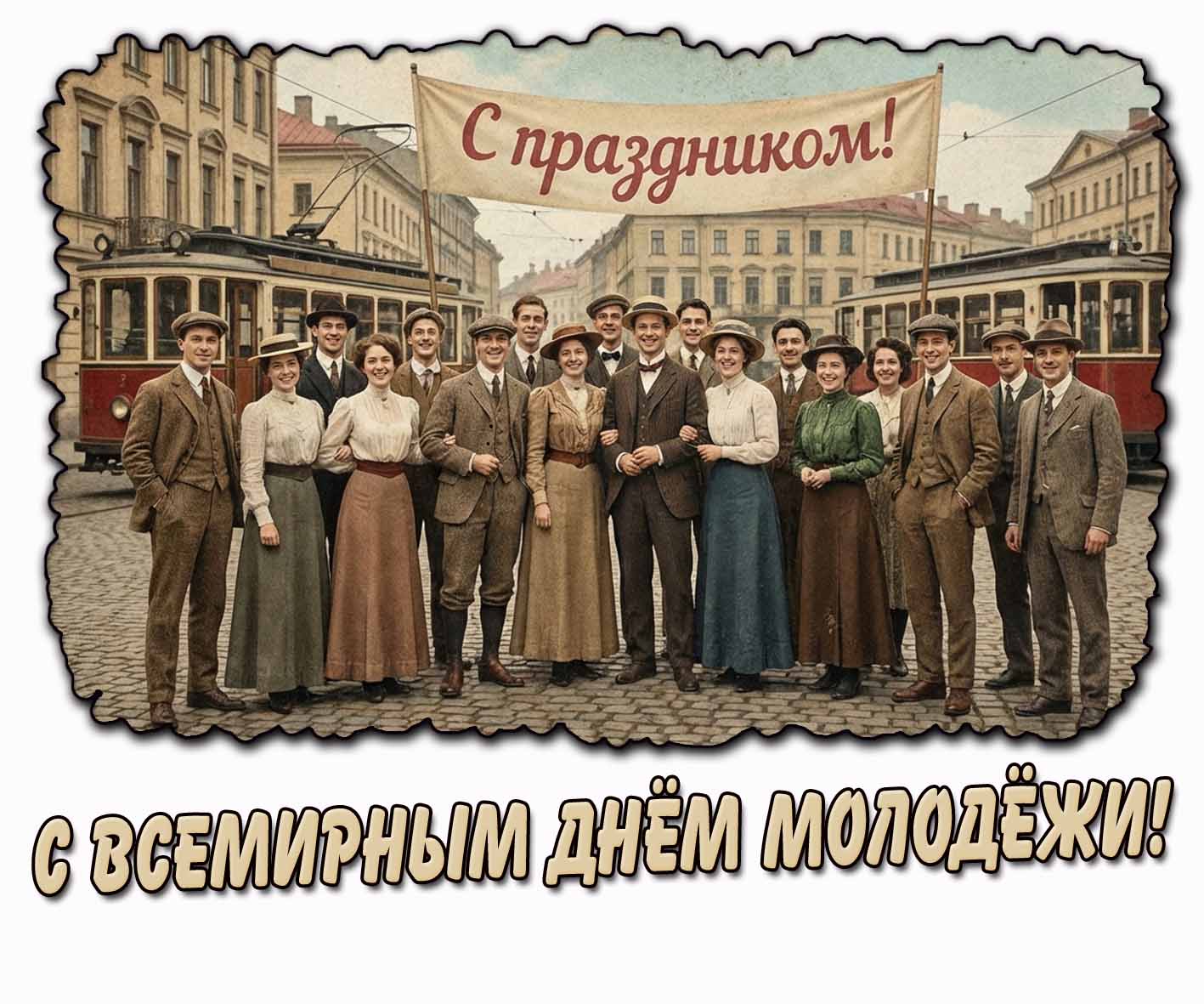 Горизонтальная открытка в стиле ретро-фото с молодыми людьми из прошлого и надписью : С Всемирным днём молодёжи! С праздником! Ретро открытка "С Всемирным днём молодёжи! С праздником!"