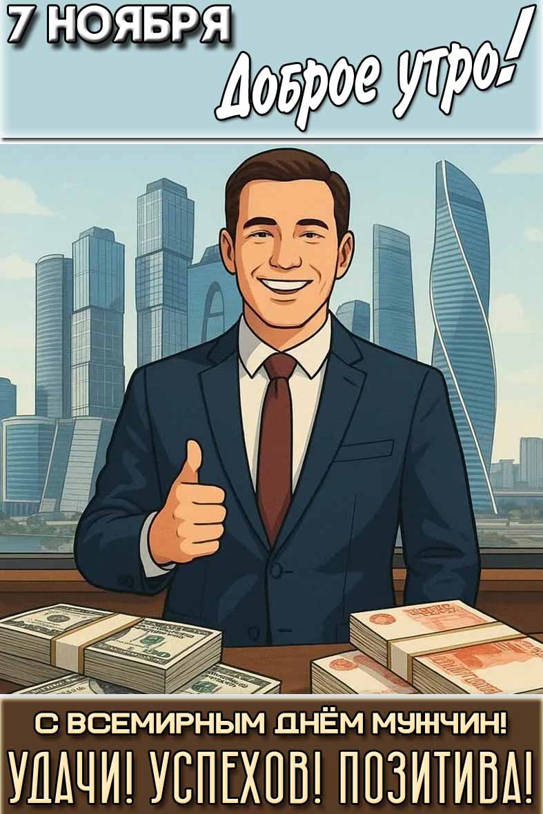 Картинка "7 ноября доброе утро! С Всемирным днём мужчин! Удачи! Успехов! Позитива!"