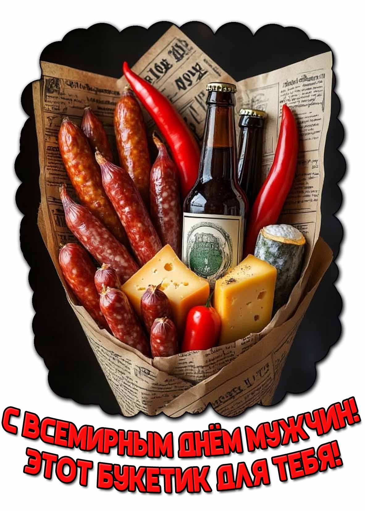 Красивая открытка с сыром, перцем, копчёными колбасами и бутылкой пива, чтобы оригинально и от души поздравить : С Всемирным днём мужчин! Этот букетик для тебя! Красивая открытка "С Всемирным днём мужчин! Этот букетик для тебя!"
