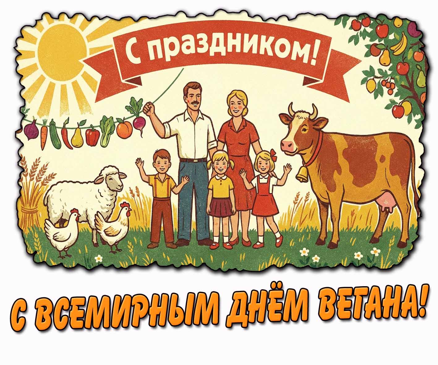 Советская открытка "С Всемирным днём вегана! С праздником!"