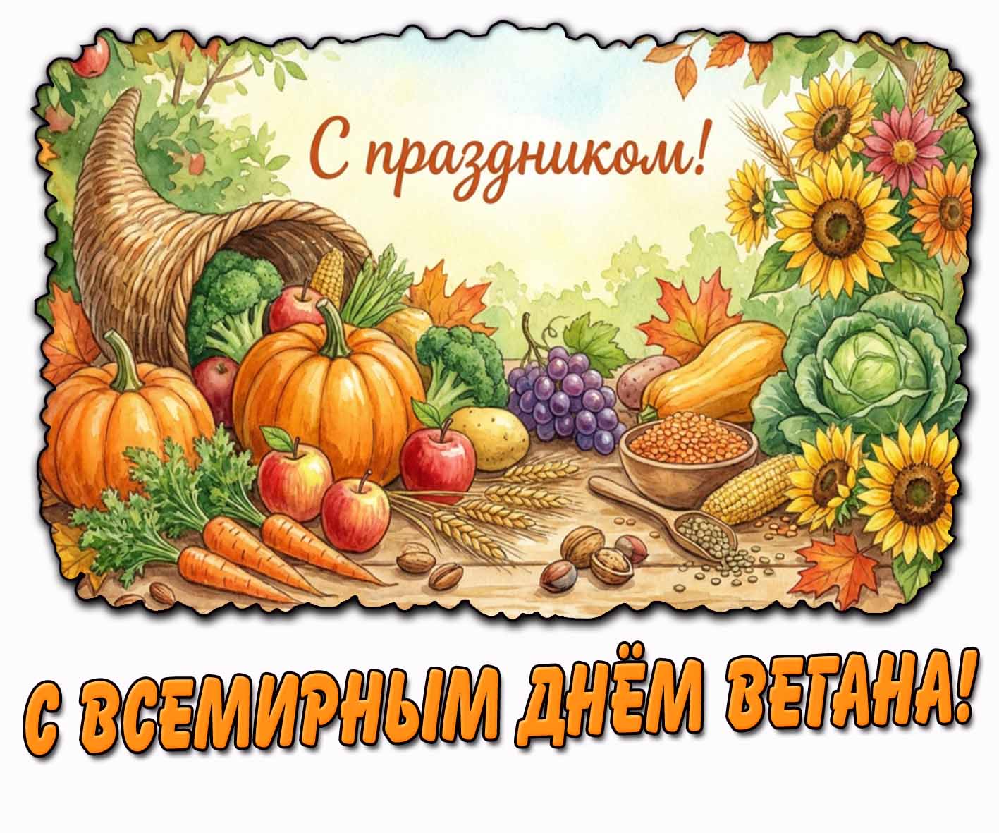 Красивая горизонтальная картинка с овощами/фруктами (тыквы, морковь, капуста, яблоки, виноград) в осеннем антураже кленовых листьев и надписью : С Всемирным днём вегана! С праздником! Осенняя картинка "С Всемирным днём вегана! С праздником!"