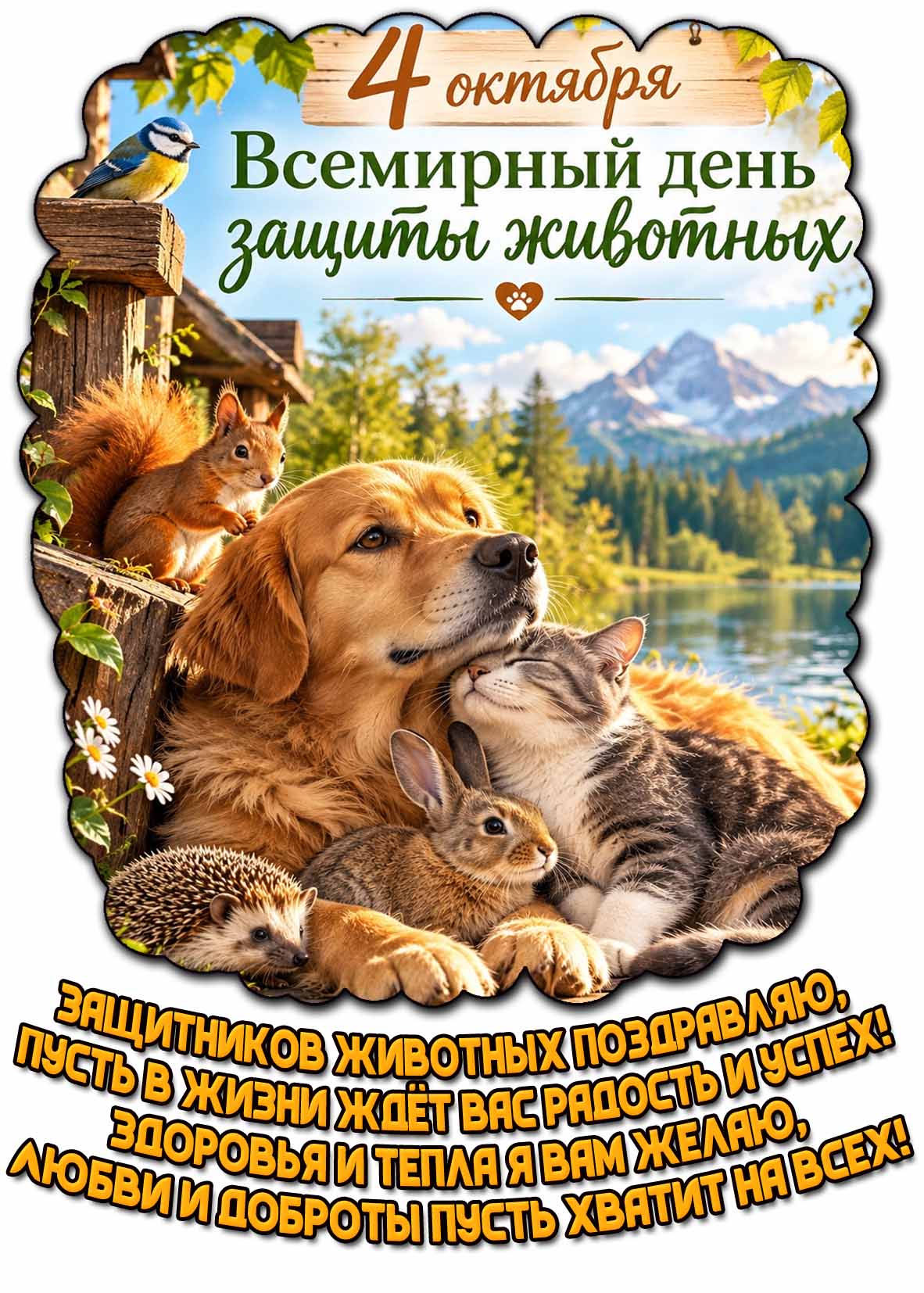 Открытка 4 октября - Всемирный день защиты животных! Защитников животных поздравляю, Пусть в жизни ждёт вас радость и успех! Здоровья и тепла я вам желаю, Любви и доброты пусть хватит на всех!